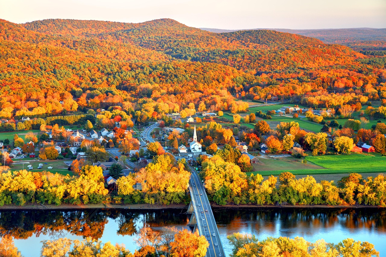 river, forest, village, autumn, town, connecticut river, nature, massachusetts, season, mountain, hill, landscape, foliage, fall